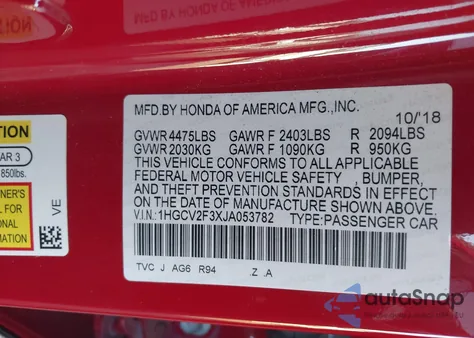 2018 Honda Accord Sport 2.0T из США, поврежденный, VIN 1HGCV2F3XJA053782